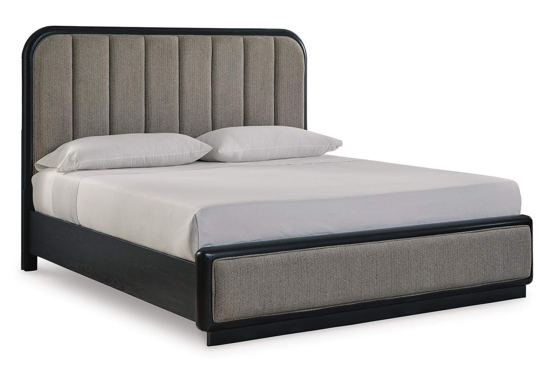 Rowanbeck King Upholstered Panel Bed, Dresser and Mirror angled view