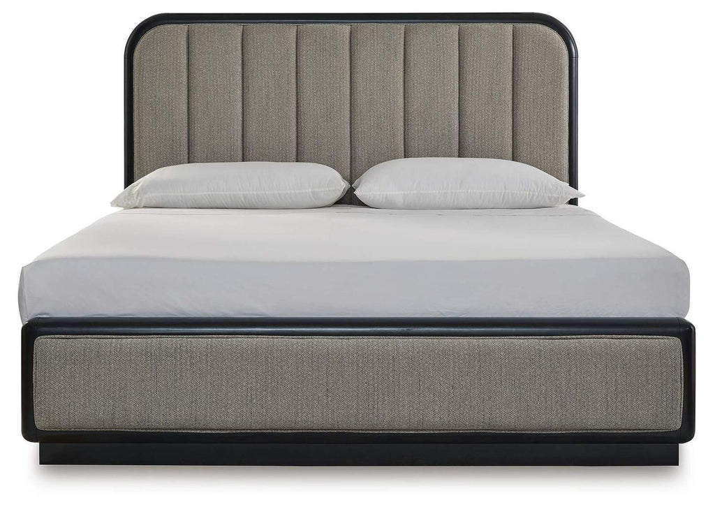 Rowanbeck King Upholstered Panel Bed, Dresser, Mirror and Nightstand front view