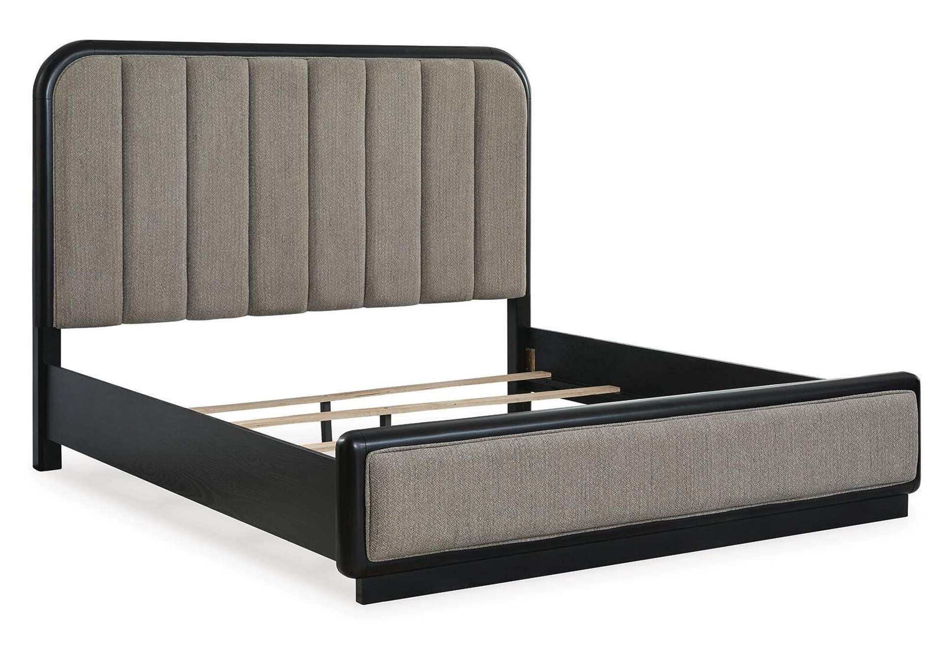 Rowanbeck King Upholstered Panel Bed, Dresser, Mirror and Nightstand angled view