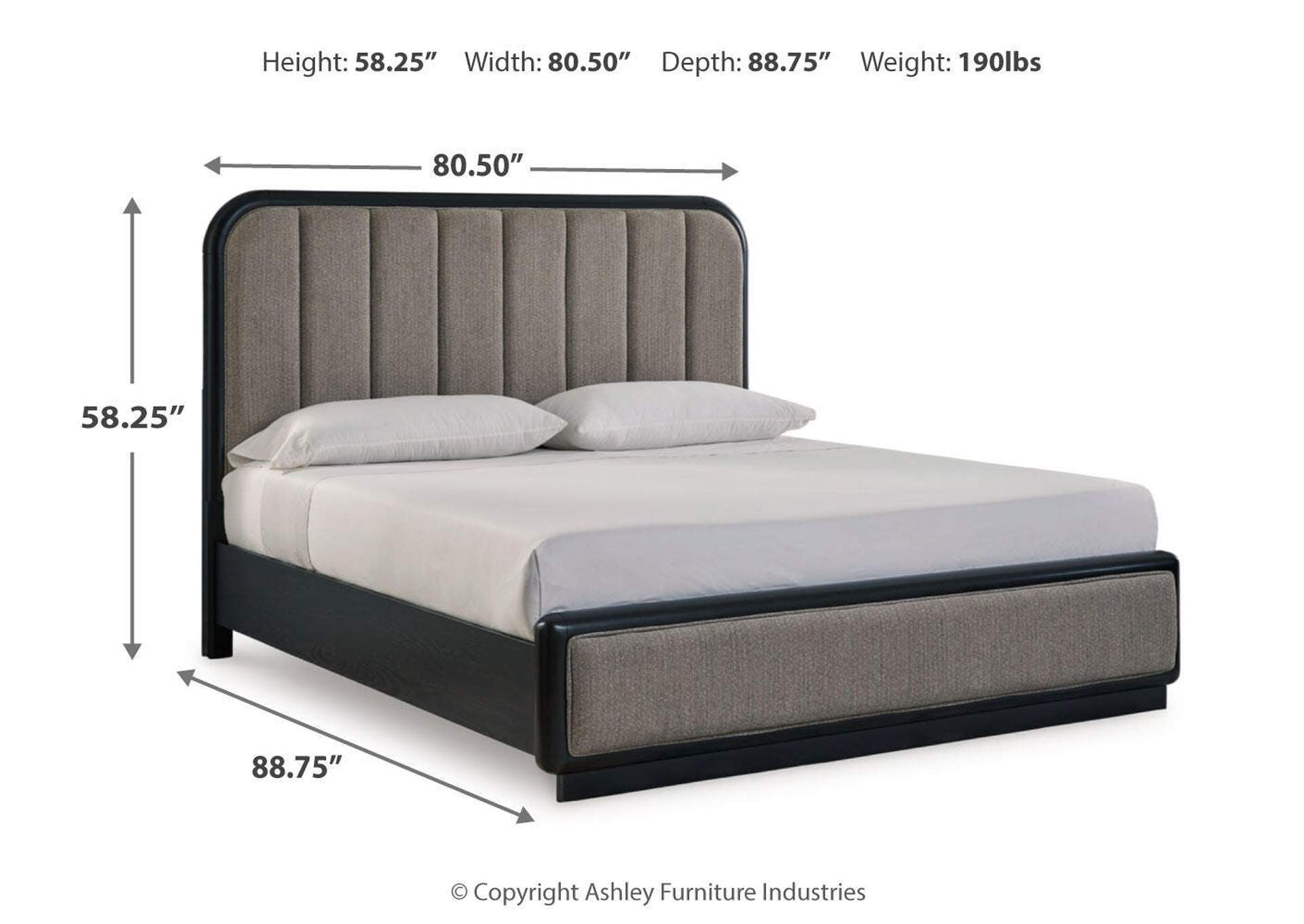 Rowanbeck King Upholstered Panel Bed and 2 Nightstands dimensions