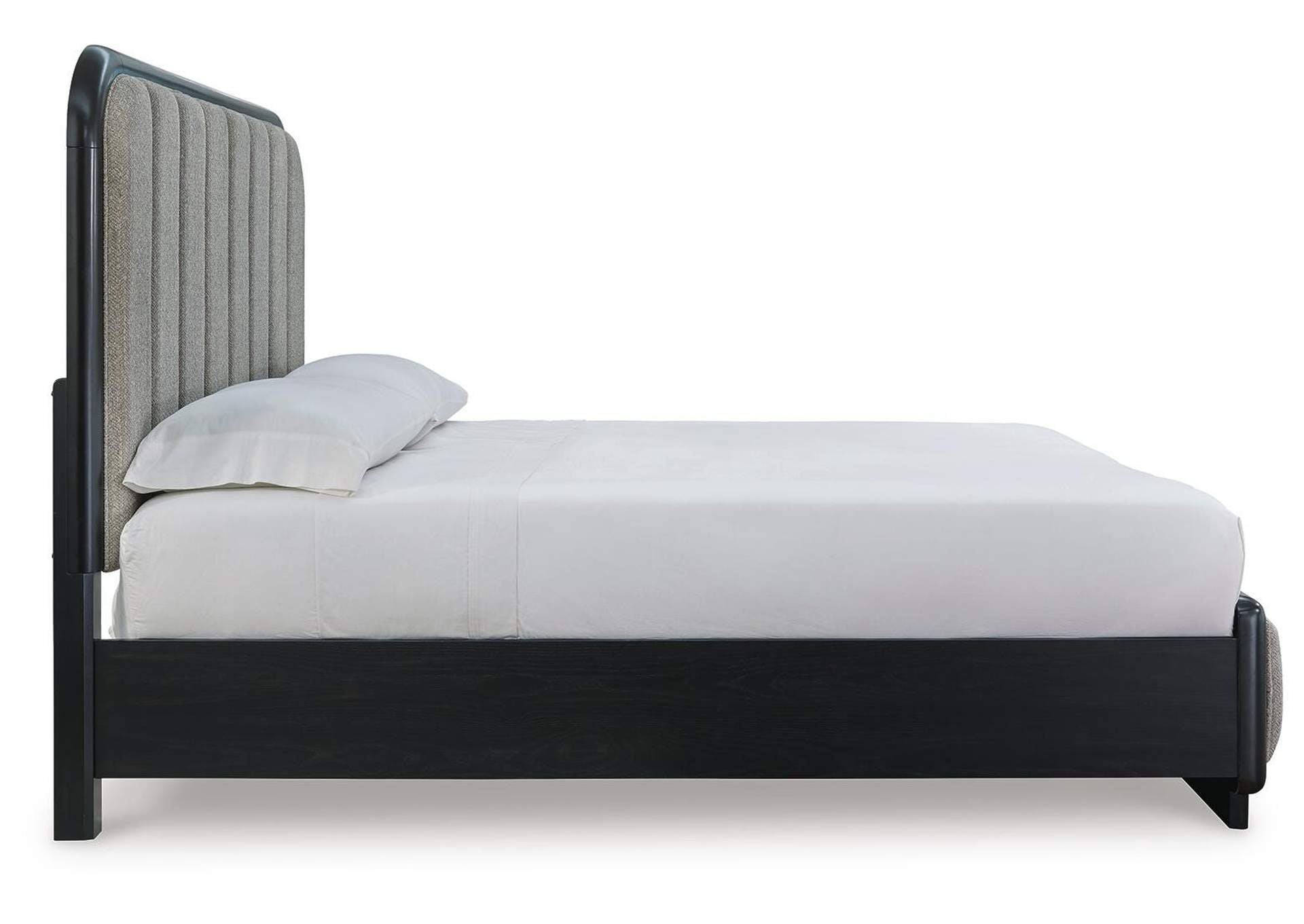 Rowanbeck King Upholstered Panel Bed, Dresser and Mirror side view
