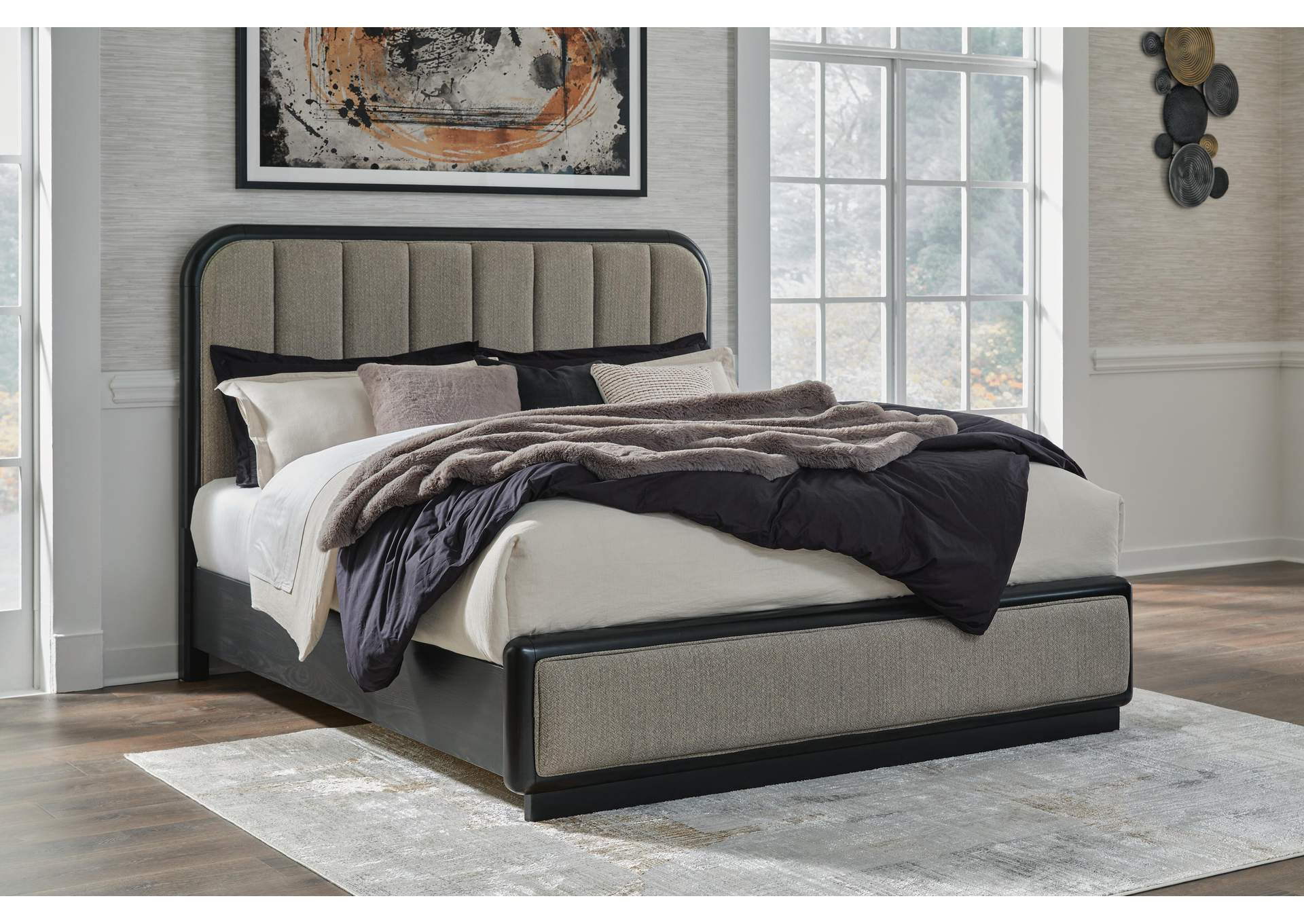 Rowanbeck King Upholstered Panel Bed, Dresser and Mirror