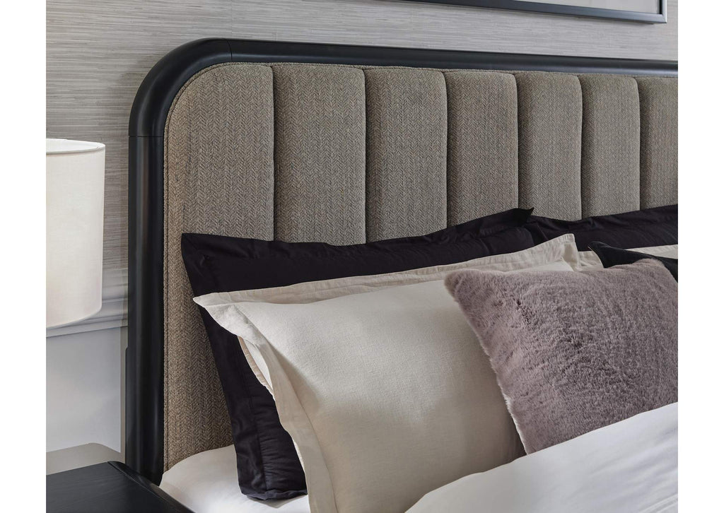 Rowanbeck California King Upholstered Panel Bed with Mirrored Dresser detail