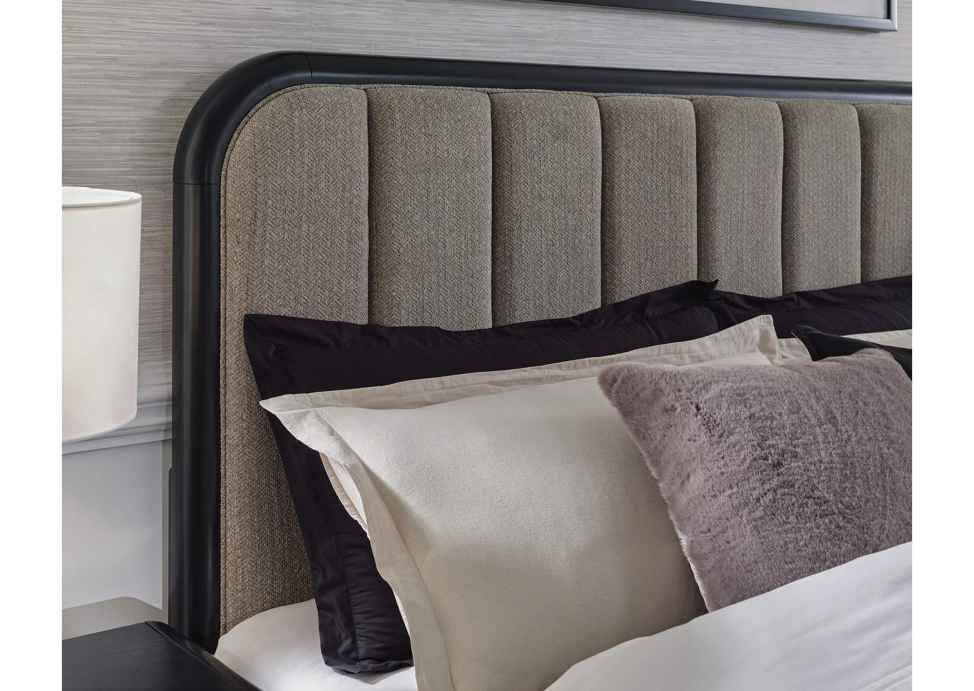 Rowanbeck California King Upholstered Panel Bed with Mirrored Dresser detail
