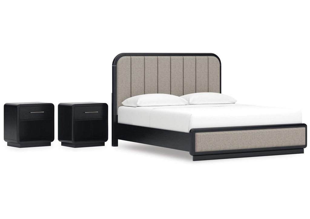 Rowanbeck California King Upholstered Panel Bed and 2 Nightstands