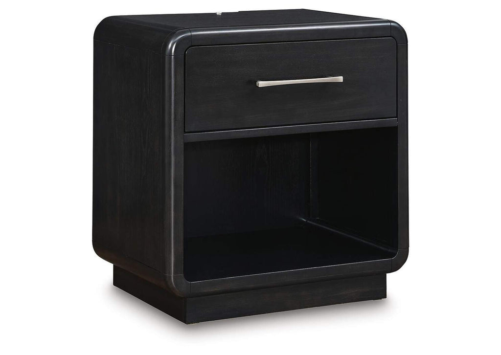 Rowanbeck California King Upholstered Panel Bed, Dresser and 2 Nightstands angled view