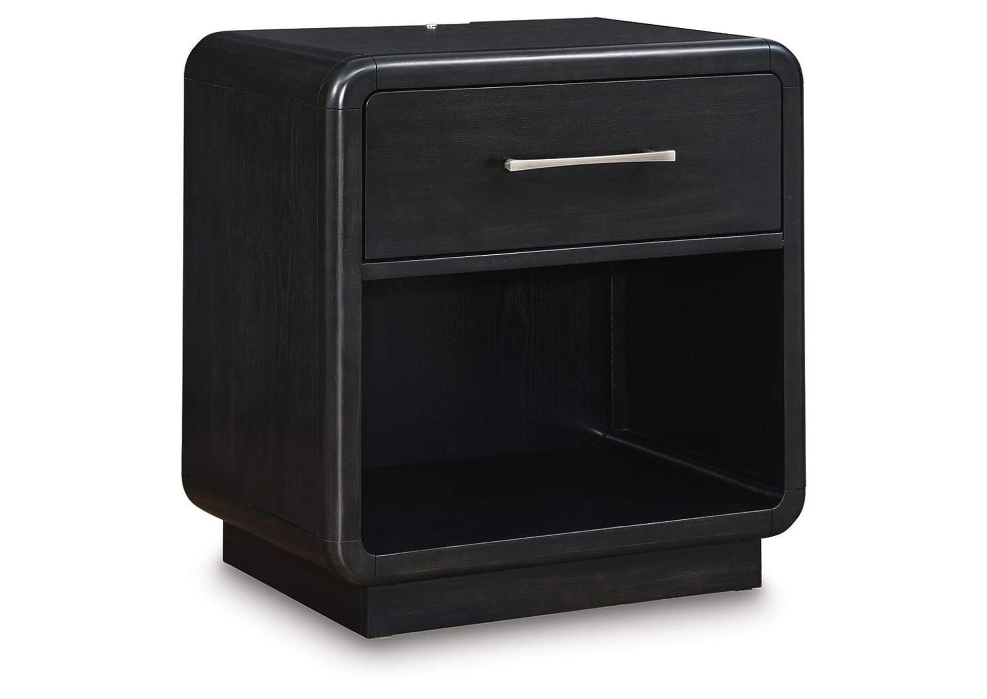 Rowanbeck King Upholstered Panel Bed, Dresser, Mirror, Chest and Nightstand angled view