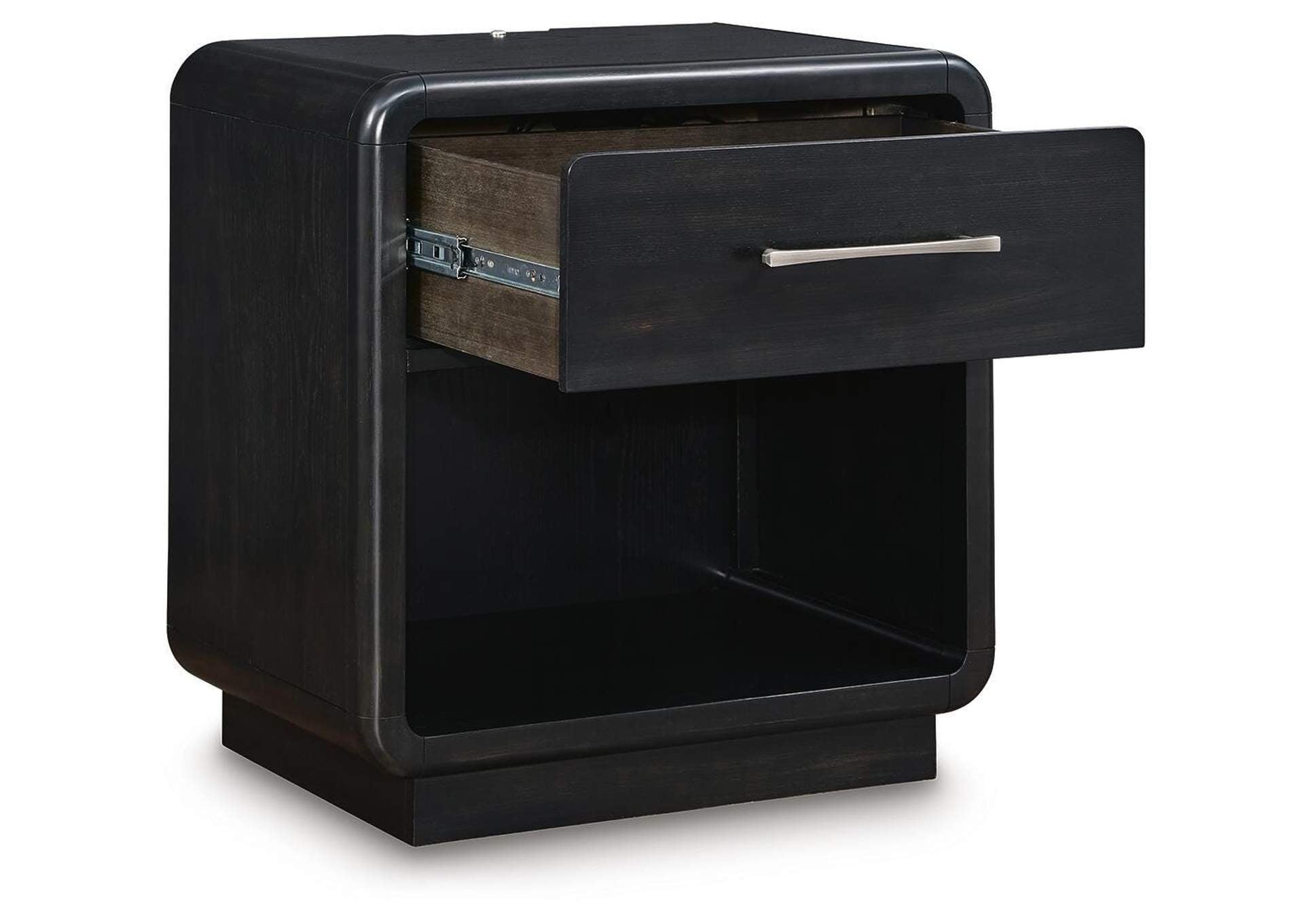 Rowanbeck King Upholstered Panel Bed, Dresser, Mirror, Chest and Nightstand angled view