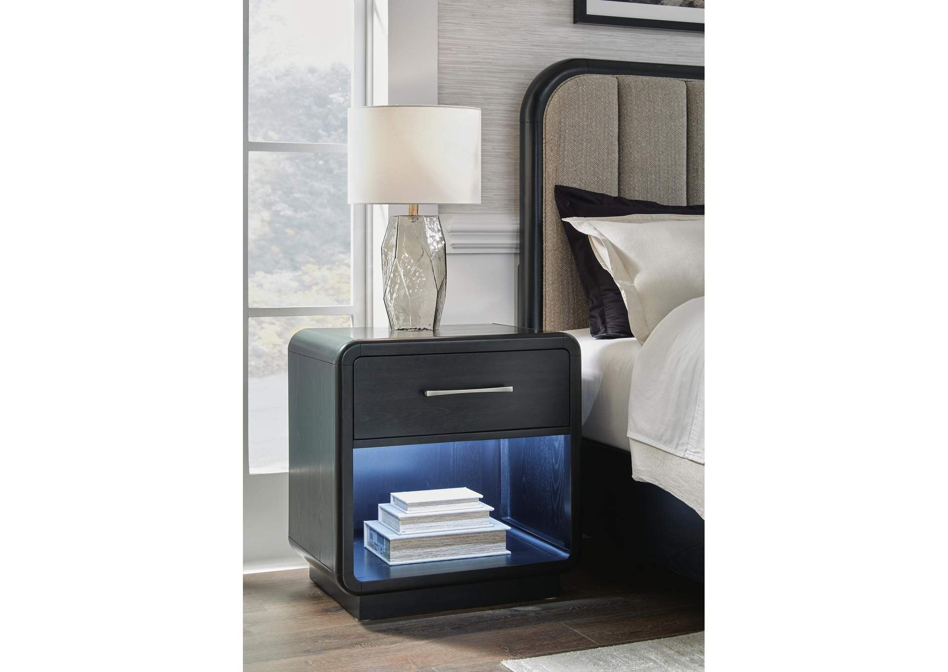 Rowanbeck California King Upholstered Panel Bed and 2 Nightstands
