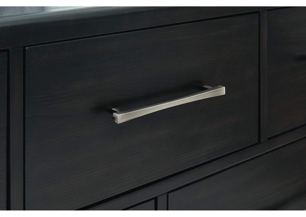 Rowanbeck King Upholstered Panel Bed, Dresser and Mirror detail