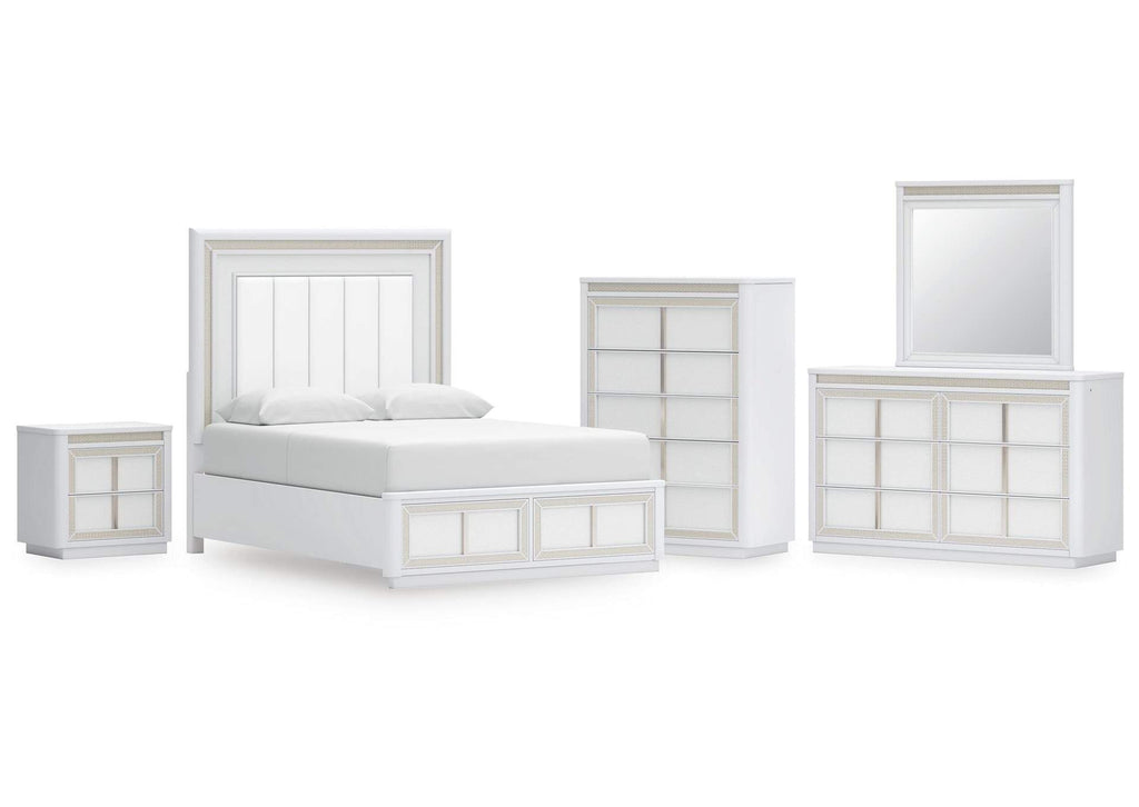 Chalanna Queen Upholstered Storage Bed, Dresser, Mirror, Chest and Nightstand