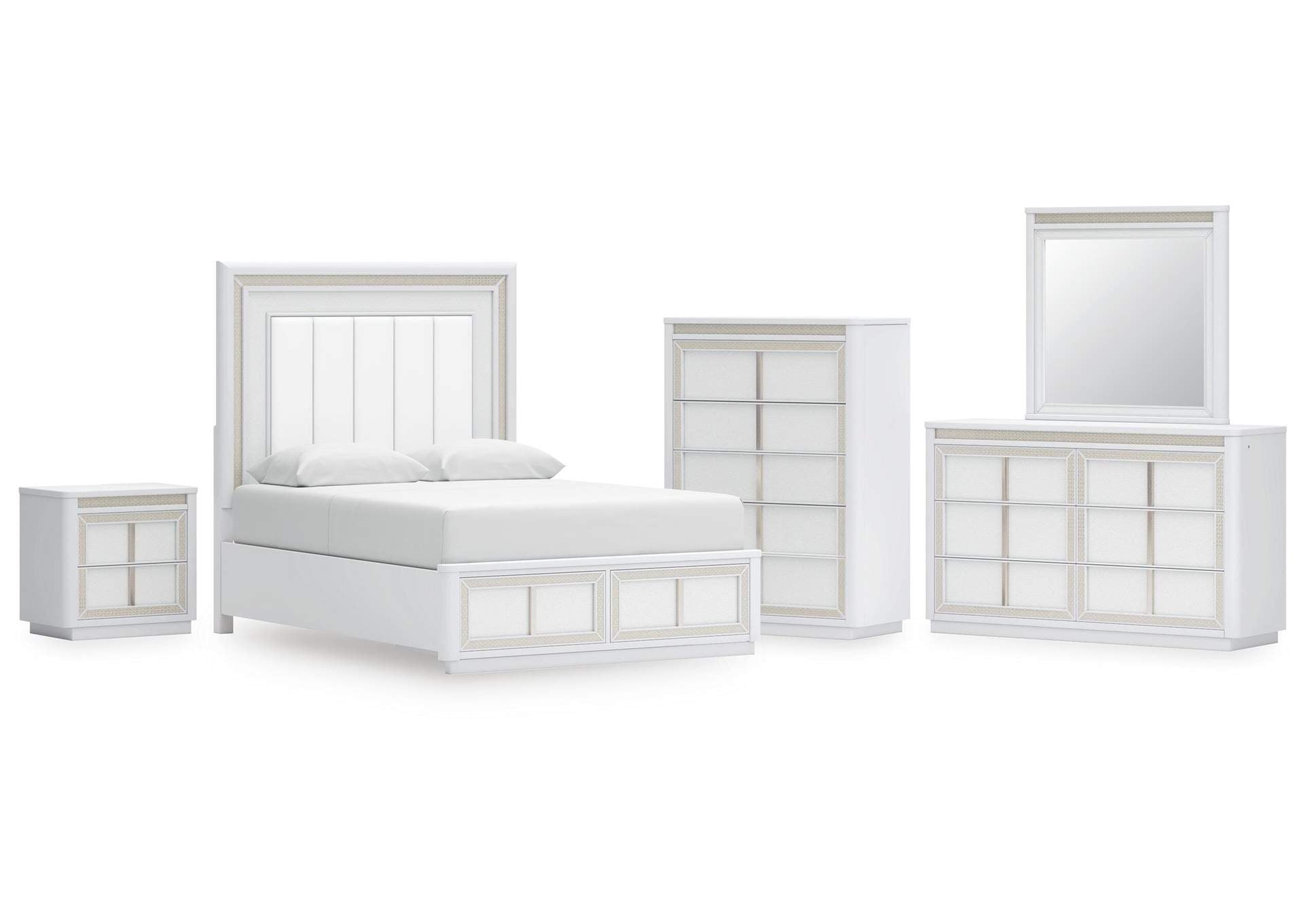 Chalanna Queen Upholstered Storage Bed, Dresser, Mirror, Chest and Nightstand