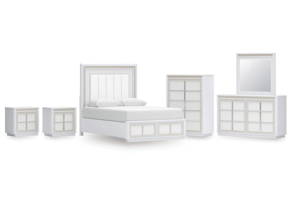 Chalanna Queen Upholstered Storage Bed, Dresser, Mirror, Chest and 2 Nightstands