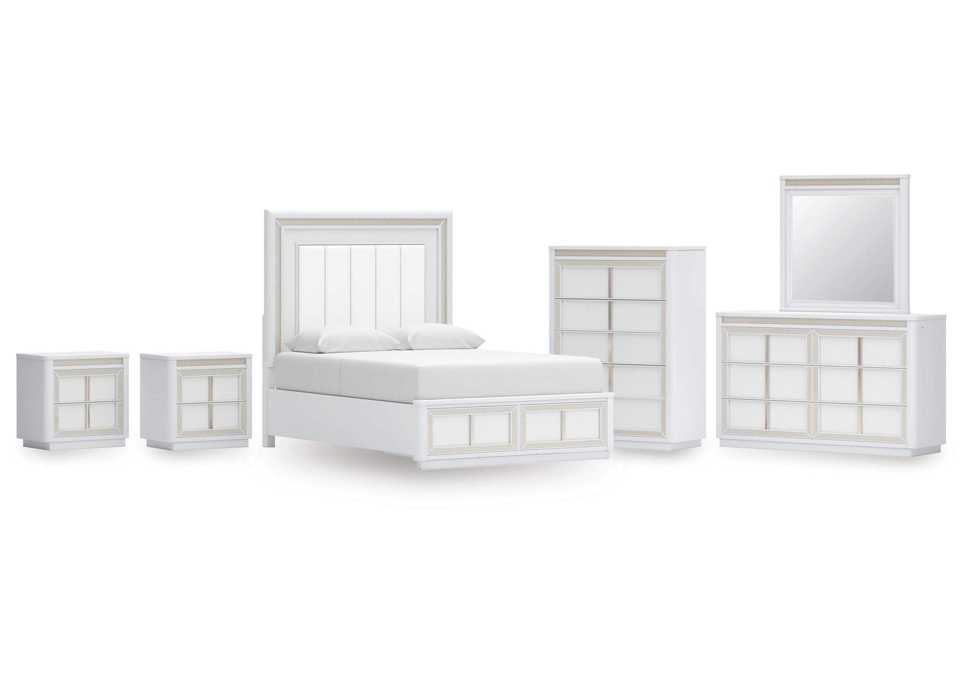 Chalanna Queen Upholstered Storage Bed, Dresser, Mirror, Chest and 2 Nightstands