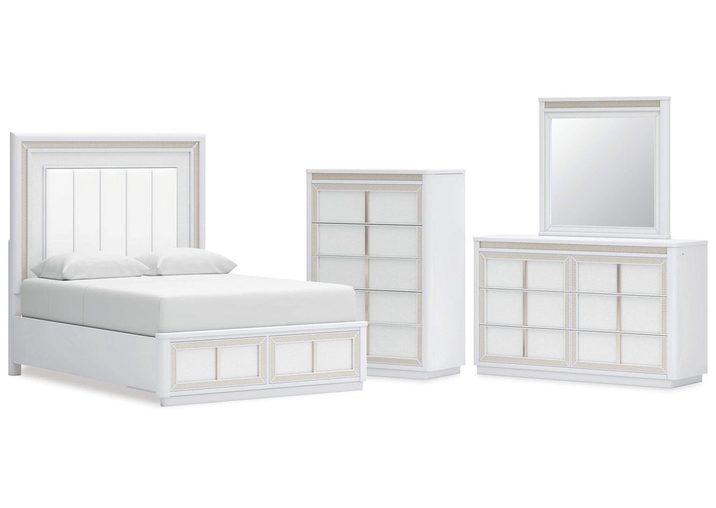 Chalanna Queen Upholstered Storage Bed, Dresser, Mirror and Chest