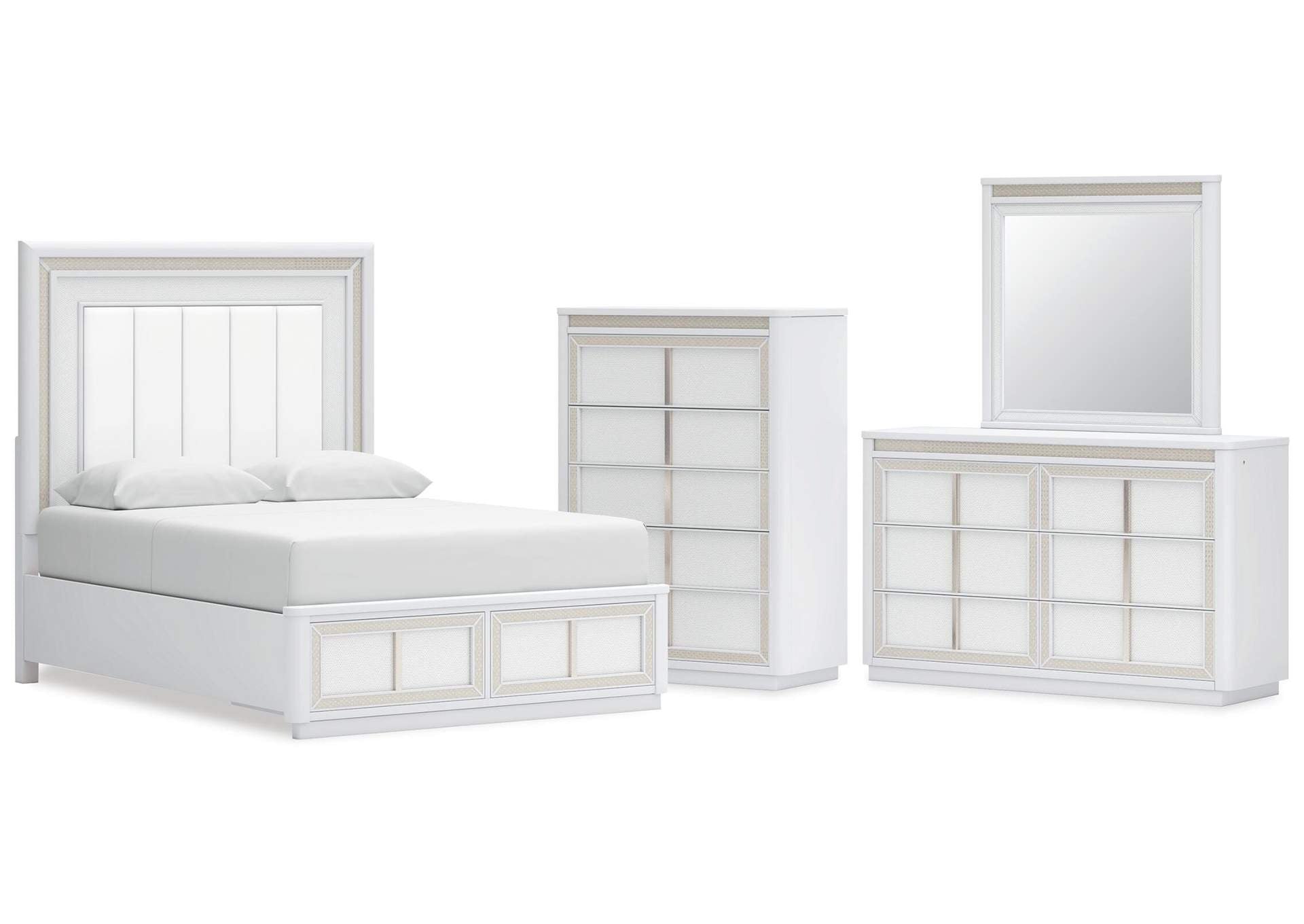 Chalanna Queen Upholstered Storage Bed, Dresser, Mirror and Chest