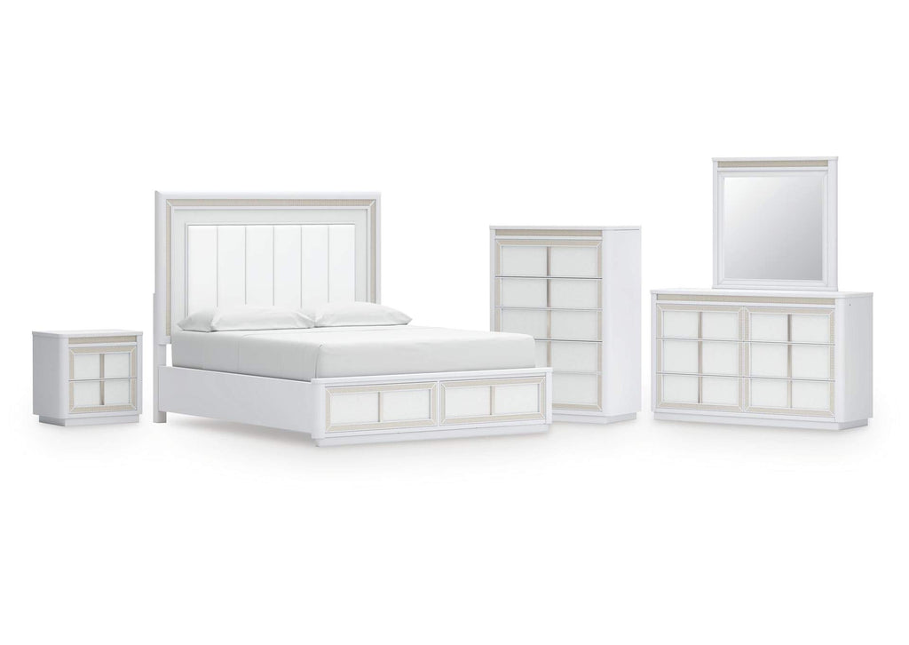 Chalanna California King Upholstered Storage Bed, Dresser, Mirror, Chest and Nightstand