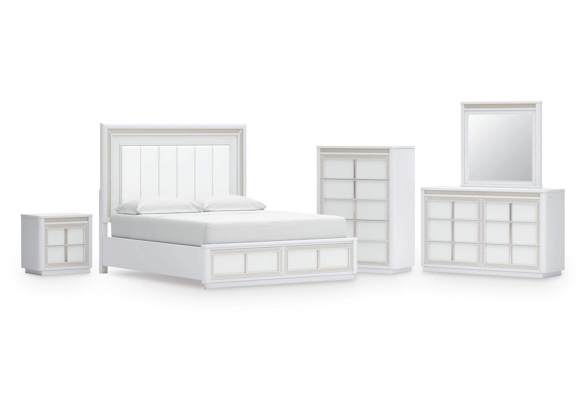 Chalanna California King Upholstered Storage Bed, Dresser, Mirror, Chest and Nightstand