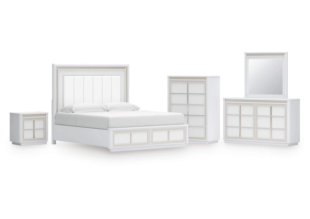 Chalanna King Upholstered Storage Bed, Dresser, Mirror, Chest and Nightstand