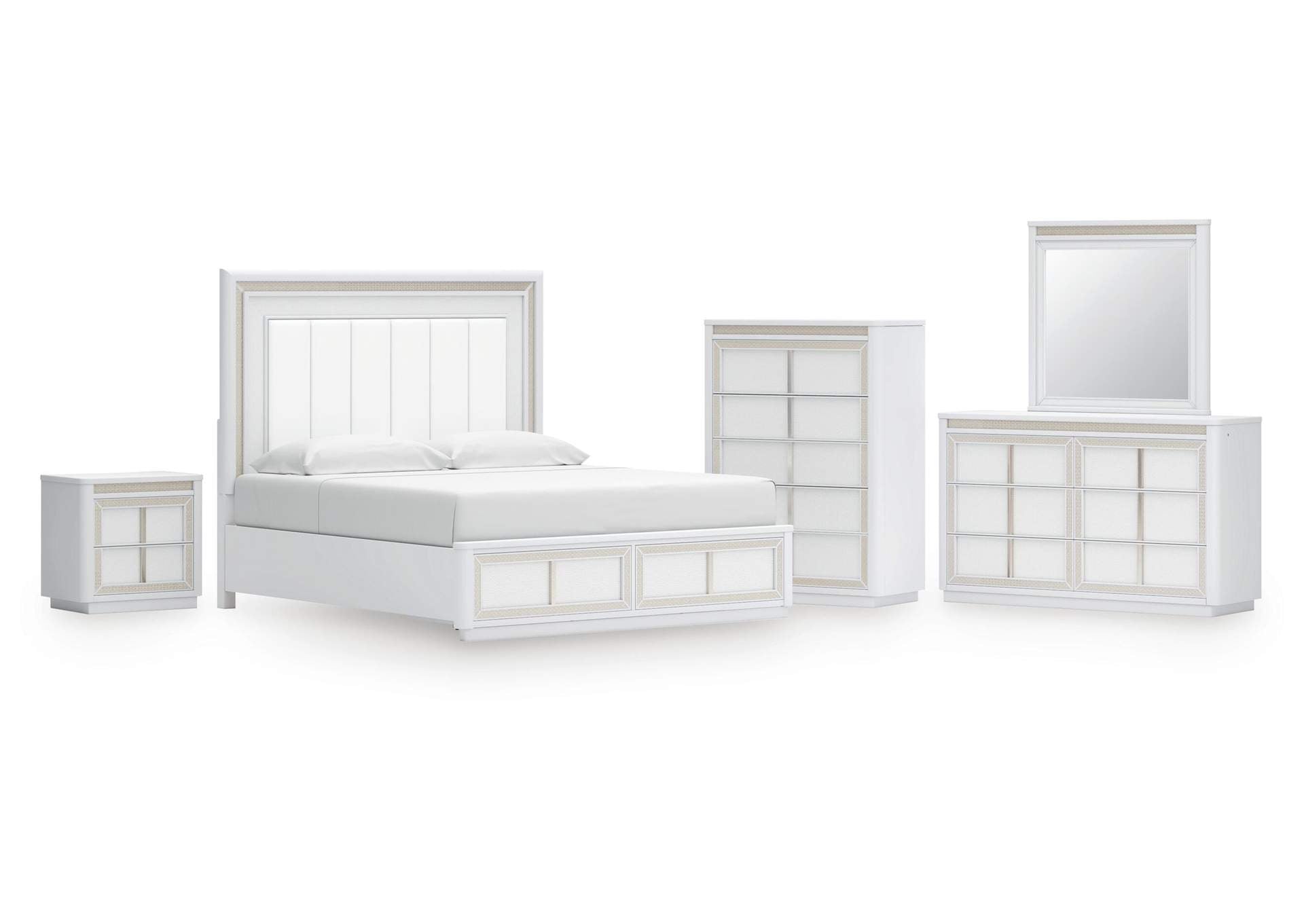 Chalanna King Upholstered Storage Bed, Dresser, Mirror, Chest and Nightstand
