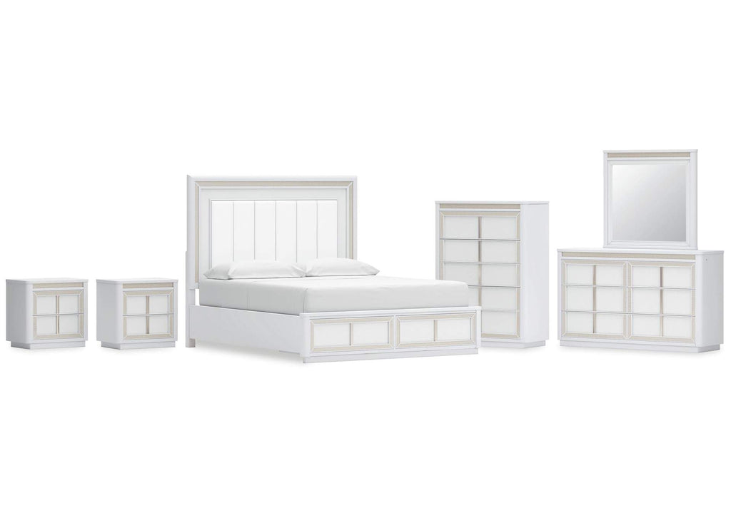 Chalanna California King Upholstered Storage Bed, Dresser, Mirror, Chest and 2 Nightstands