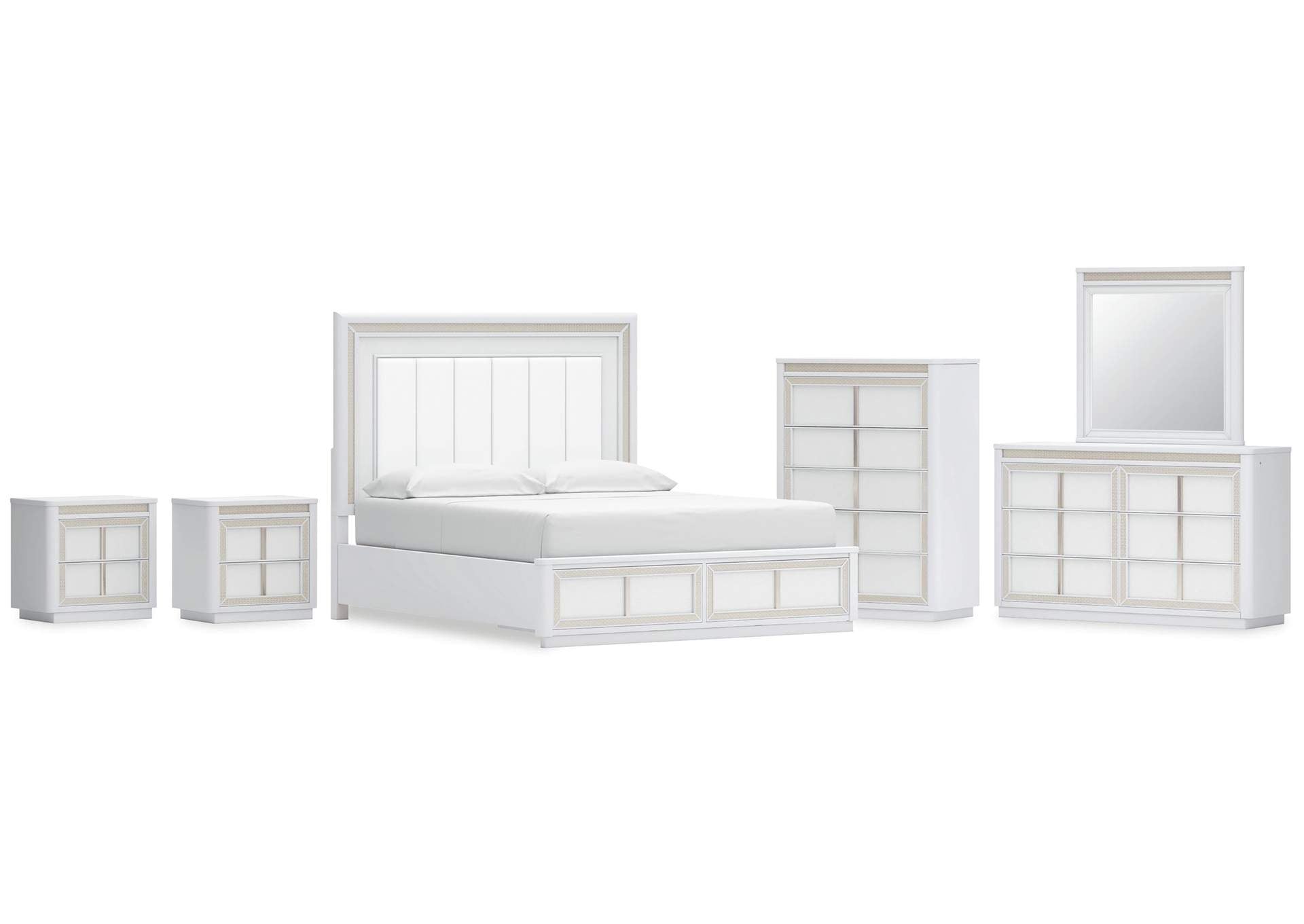 Chalanna California King Upholstered Storage Bed, Dresser, Mirror, Chest and 2 Nightstands
