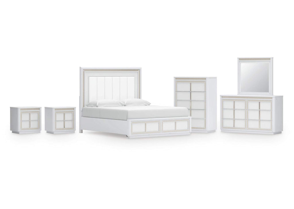 Chalanna King Upholstered Storage Bed, Dresser, Mirror, Chest and 2 Nightstands