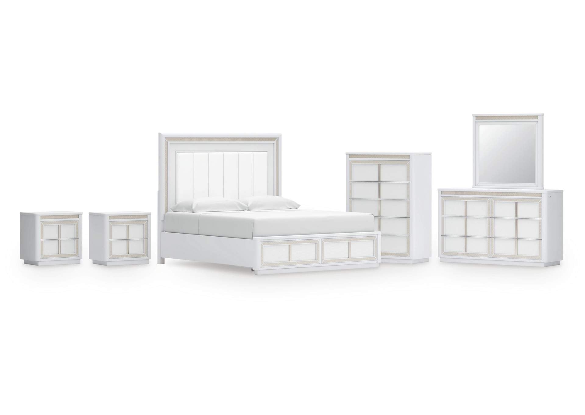 Chalanna King Upholstered Storage Bed, Dresser, Mirror, Chest and 2 Nightstands