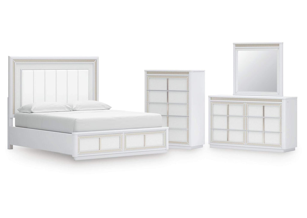 Chalanna California King Upholstered Storage Bed, Dresser, Mirror and Chest
