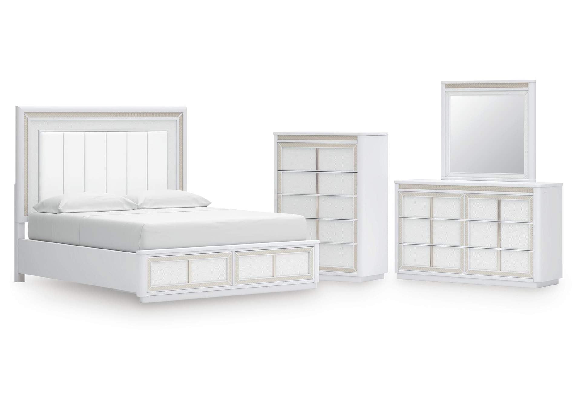 Chalanna California King Upholstered Storage Bed, Dresser, Mirror and Chest