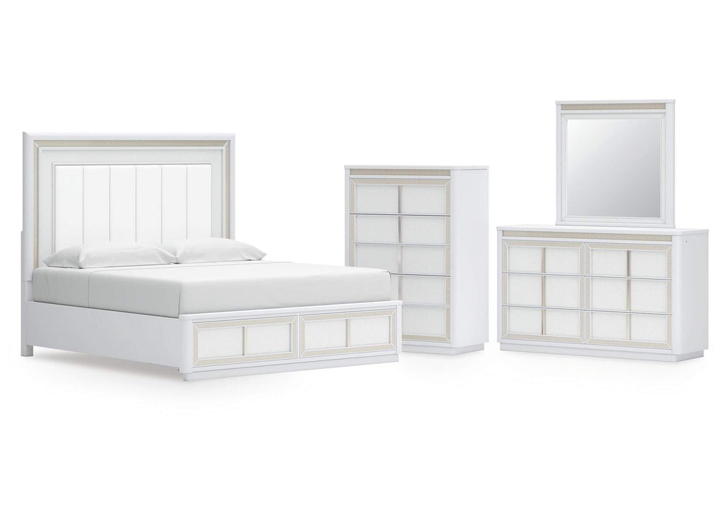 Chalanna King Upholstered Storage Bed, Dresser, Mirror and Chest
