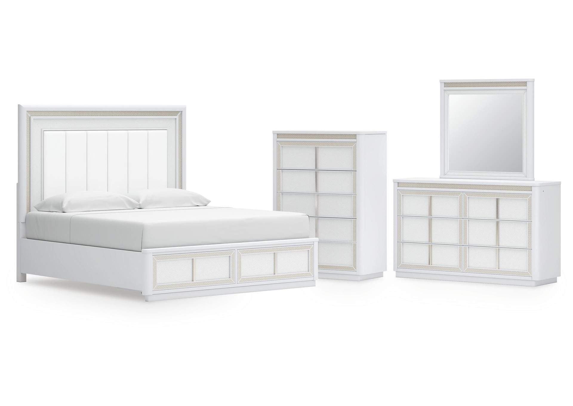 Chalanna King Upholstered Storage Bed, Dresser, Mirror and Chest