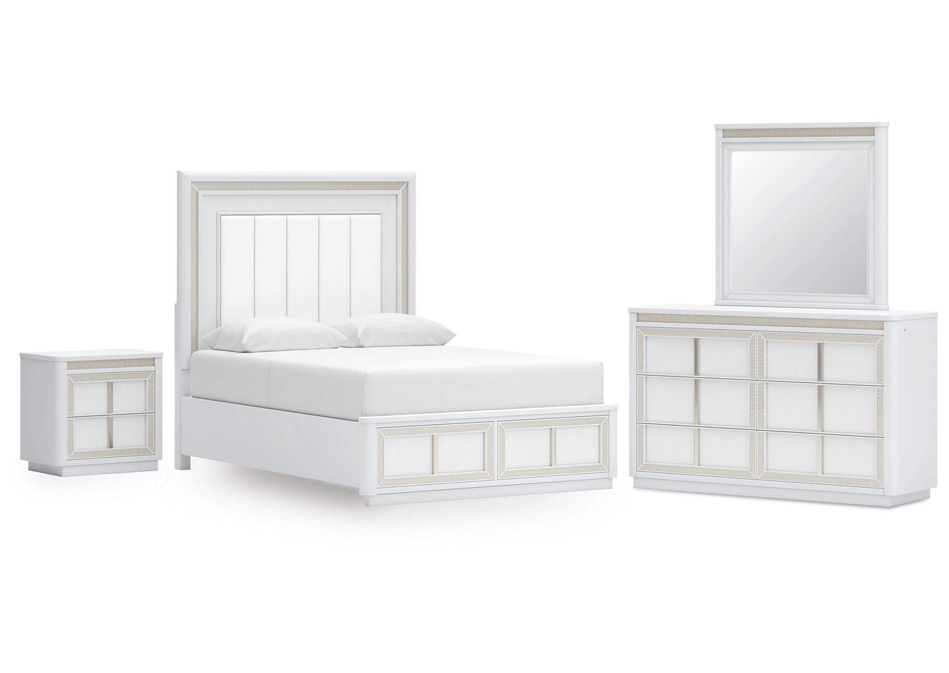 Chalanna Queen Upholstered Storage Bed, Dresser, Mirror and Nightstand
