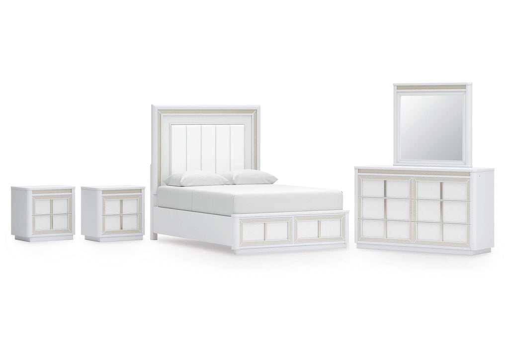Chalanna Queen Upholstered Storage Bed, Dresser, Mirror and 2 Nightstands