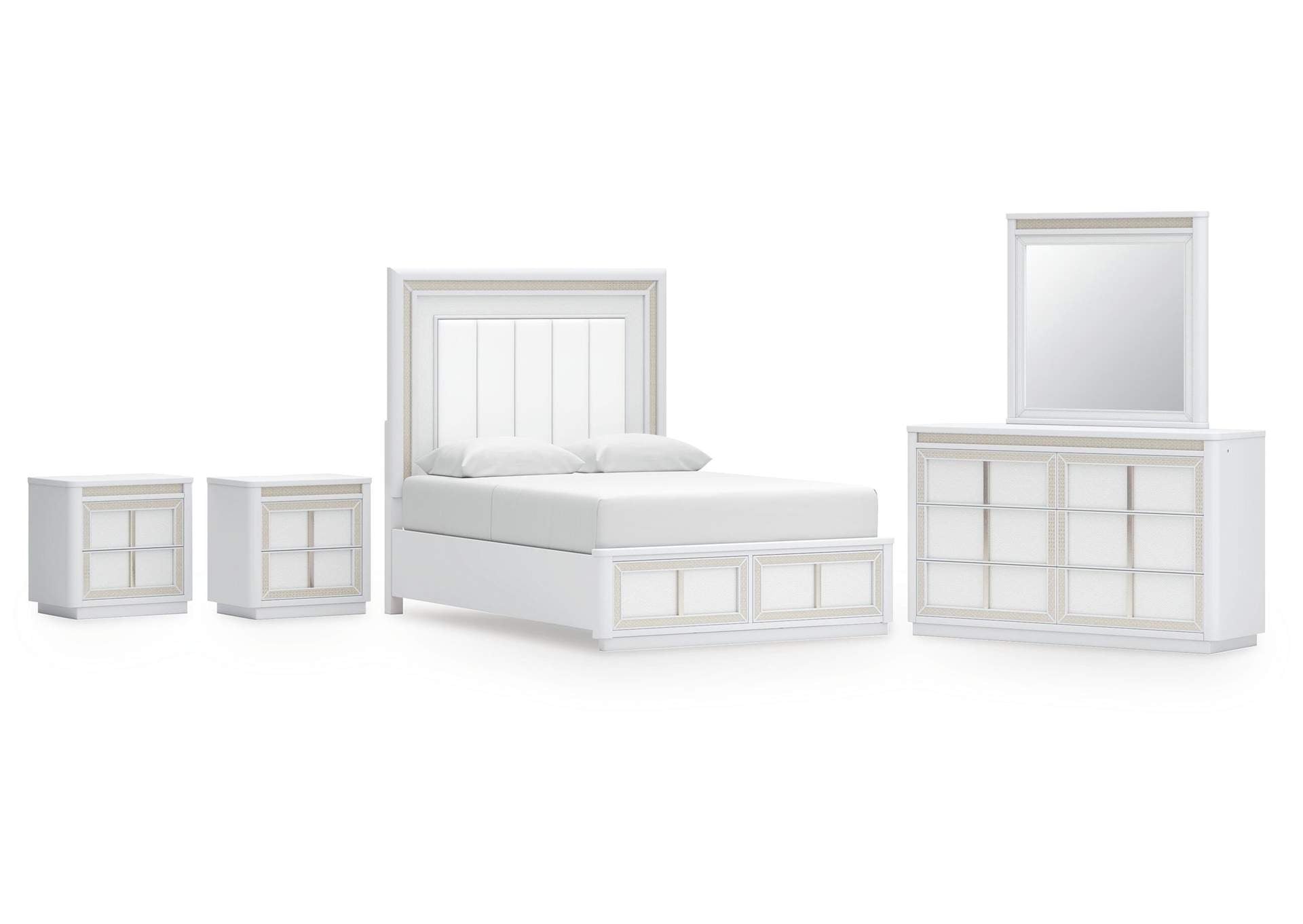 Chalanna Queen Upholstered Storage Bed, Dresser, Mirror and 2 Nightstands