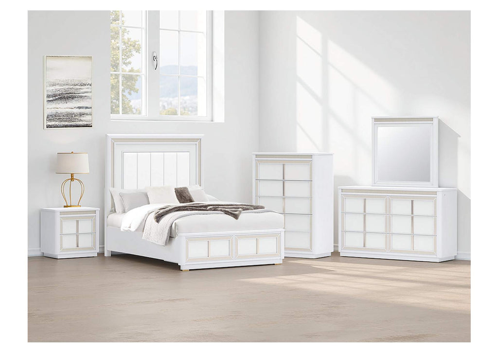 Chalanna Queen Upholstered Storage Bed, Dresser, Mirror, Chest and 2 Nightstands