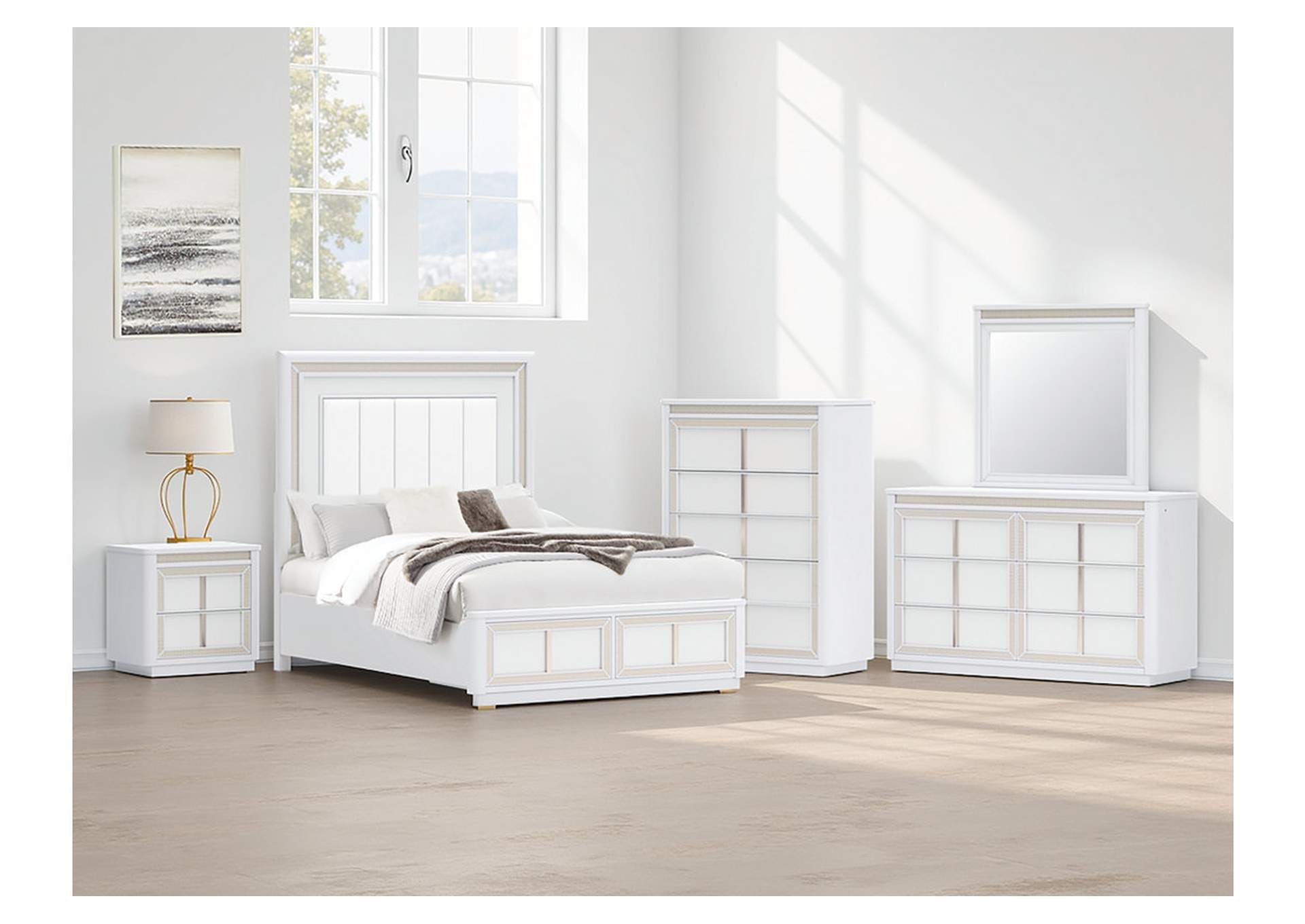 Chalanna Queen Upholstered Storage Bed, Dresser, Mirror, Chest and 2 Nightstands