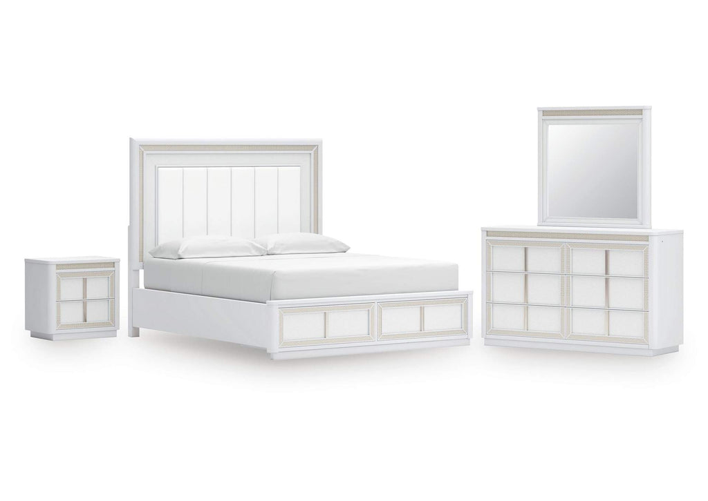 Chalanna California King Upholstered Storage Bed, Dresser, Mirror and Nightstand