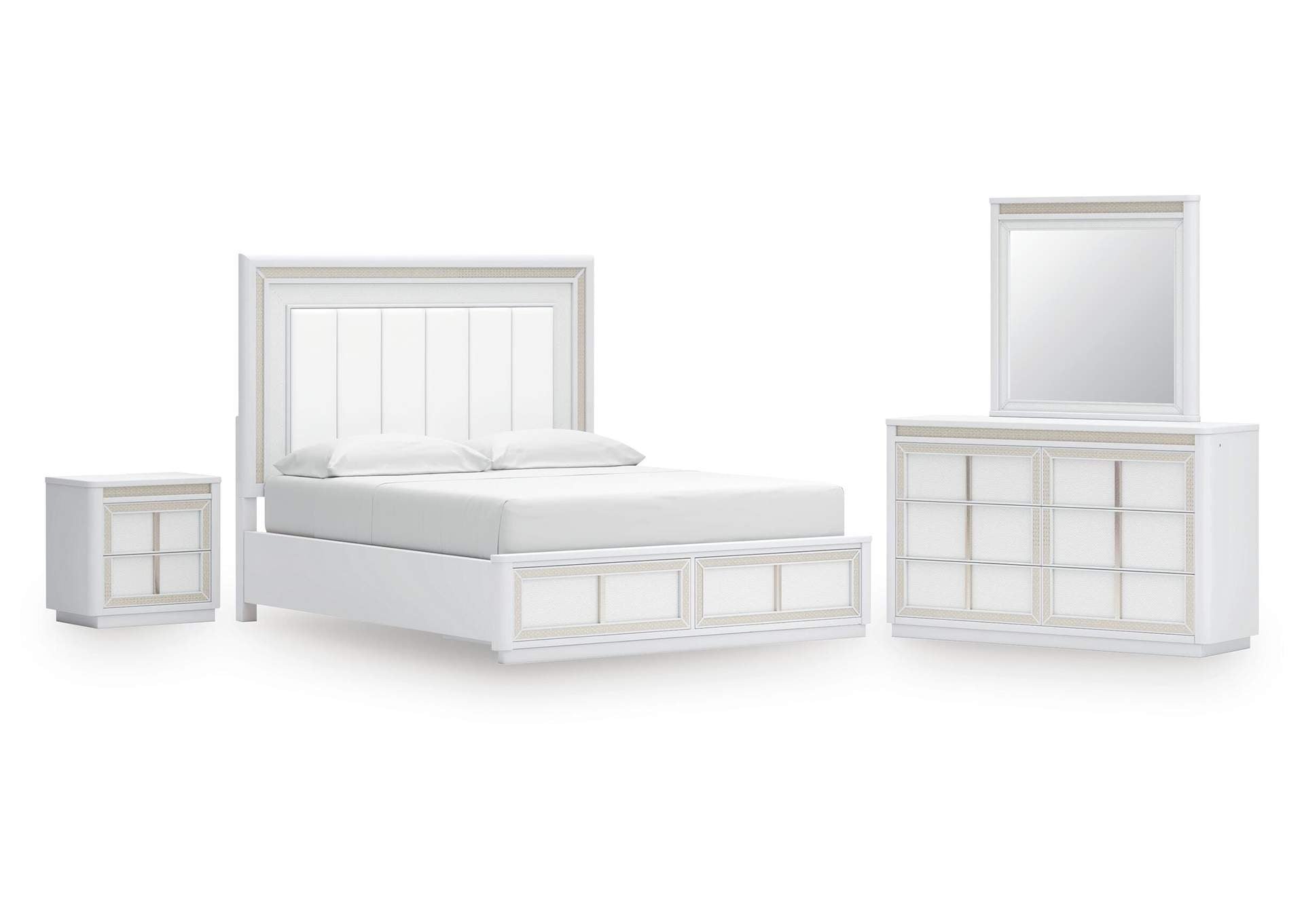 Chalanna California King Upholstered Storage Bed, Dresser, Mirror and Nightstand