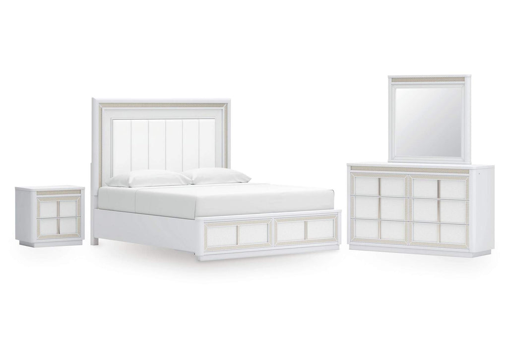 Chalanna California King Upholstered Storage Bed, Dresser and Mirror