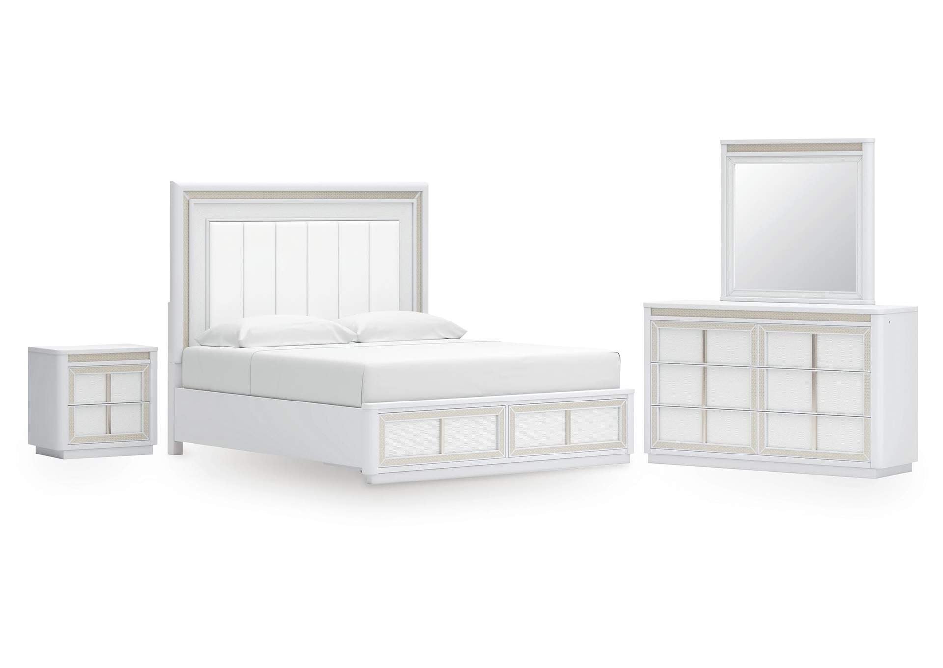 Chalanna King Upholstered Storage Bed, Dresser, Mirror and Nightstand