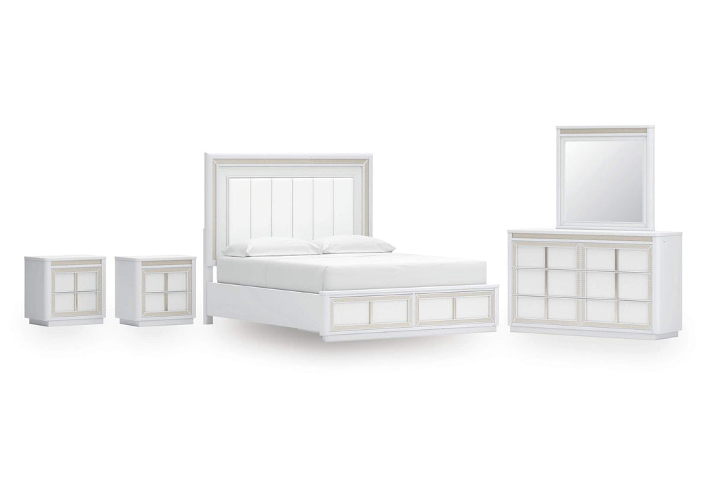 Chalanna California King Upholstered Storage Bed, Dresser, Mirror and 2 Nightstands