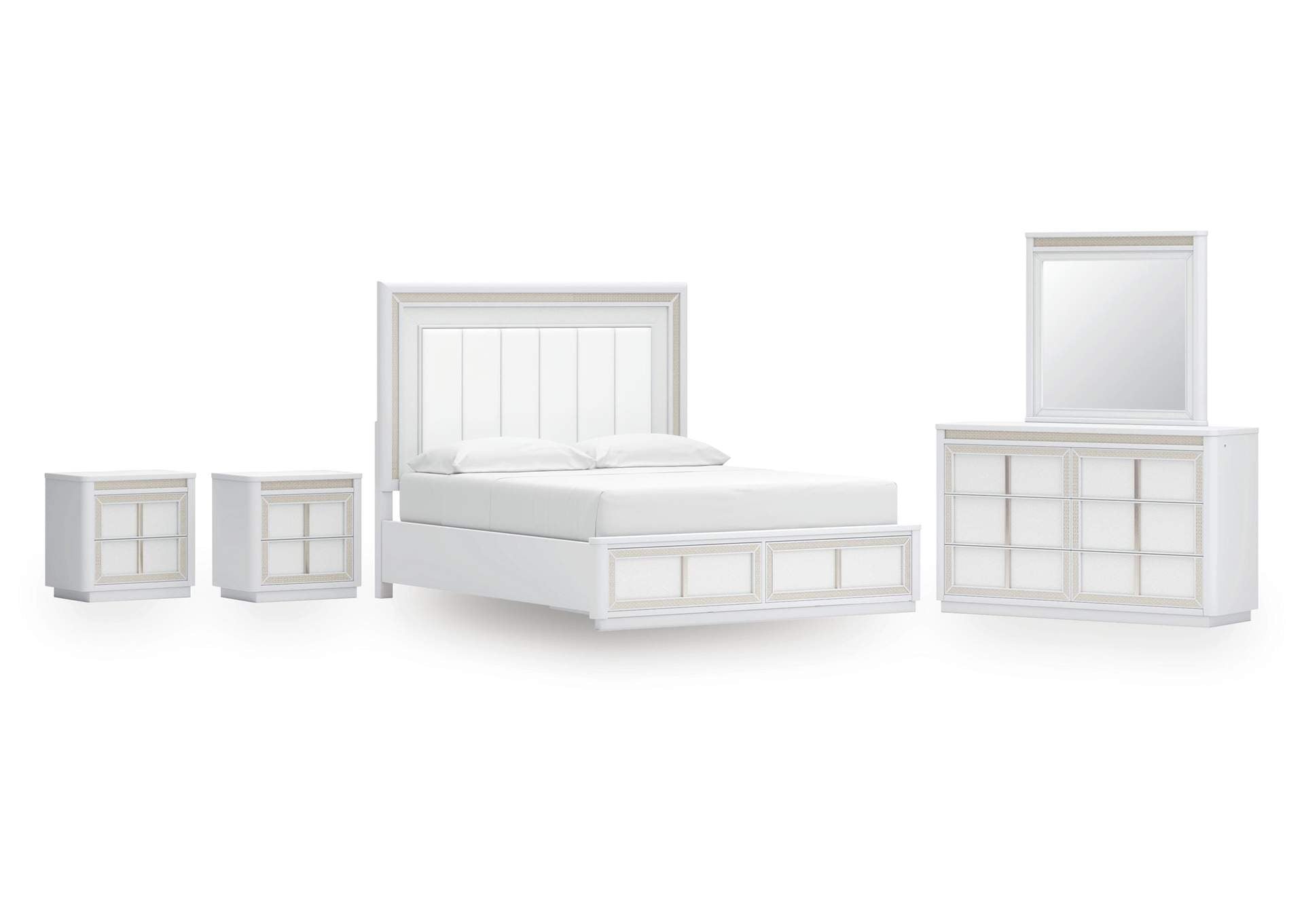 Chalanna California King Upholstered Storage Bed, Dresser, Mirror and 2 Nightstands