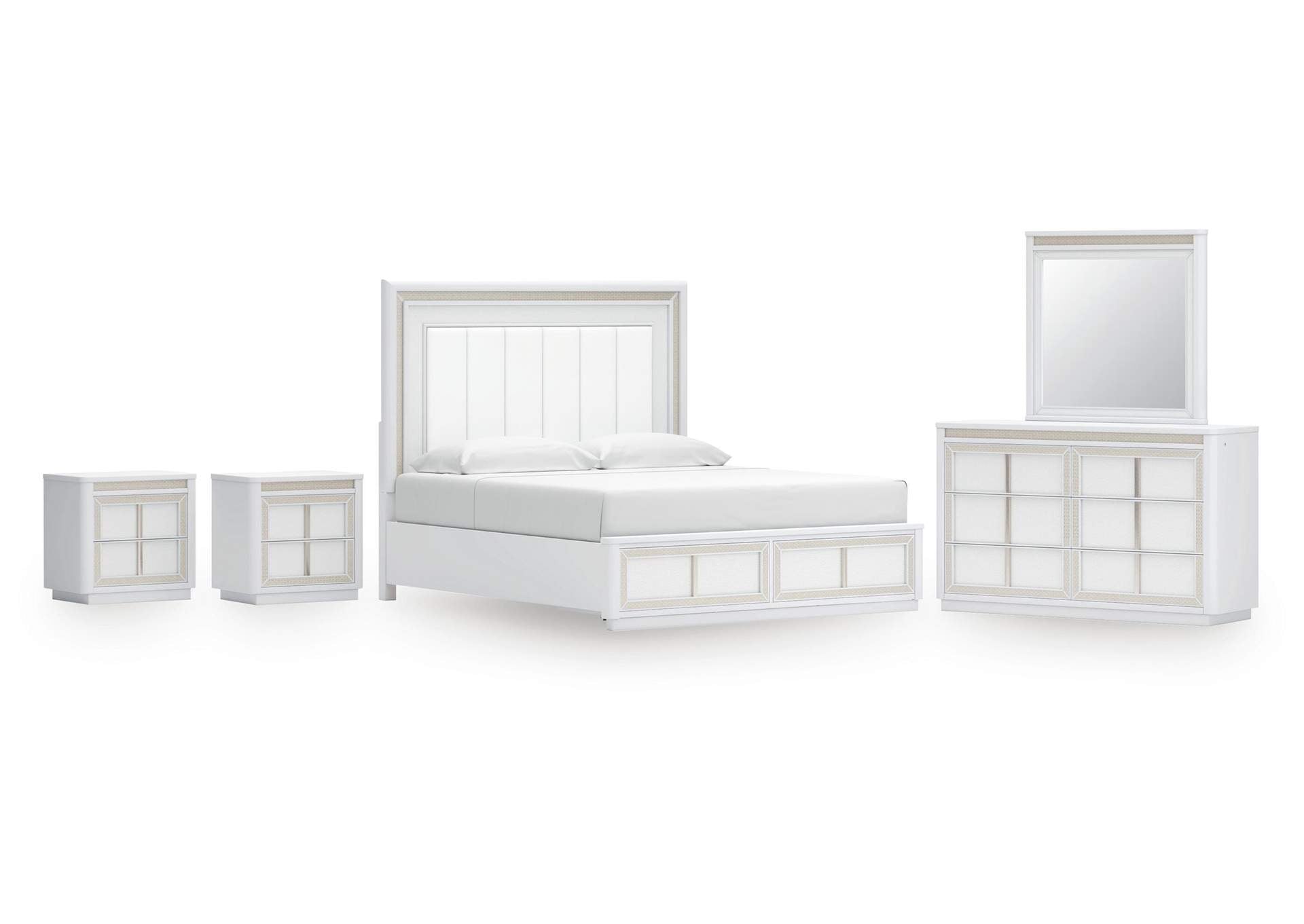 Chalanna King Upholstered Storage Bed, Dresser, Mirror and 2 Nightstands