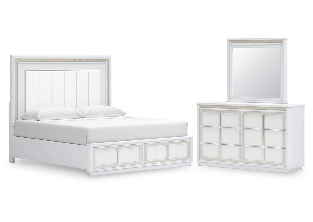 Chalanna King Upholstered Storage Bed, Dresser and Mirror