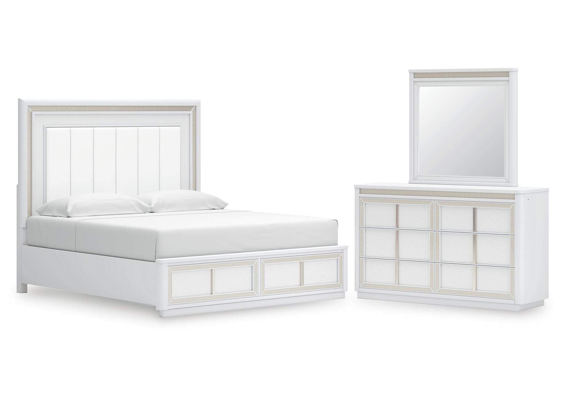 Chalanna King Upholstered Storage Bed, Dresser and Mirror