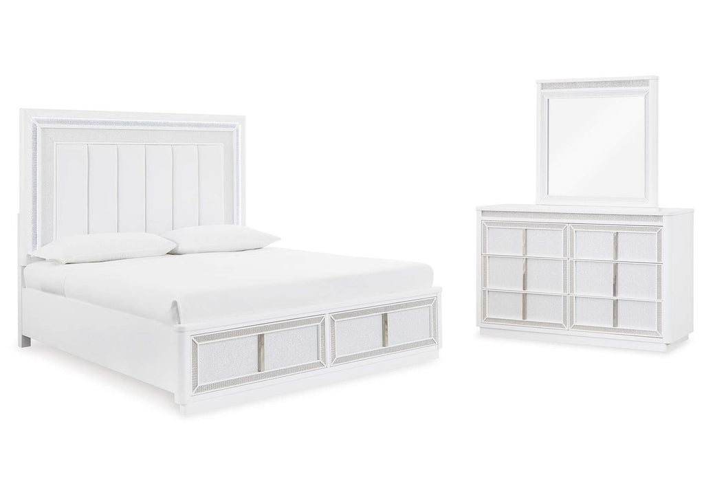 Chalanna Queen Upholstered Storage Bed with Mirrored Dresser