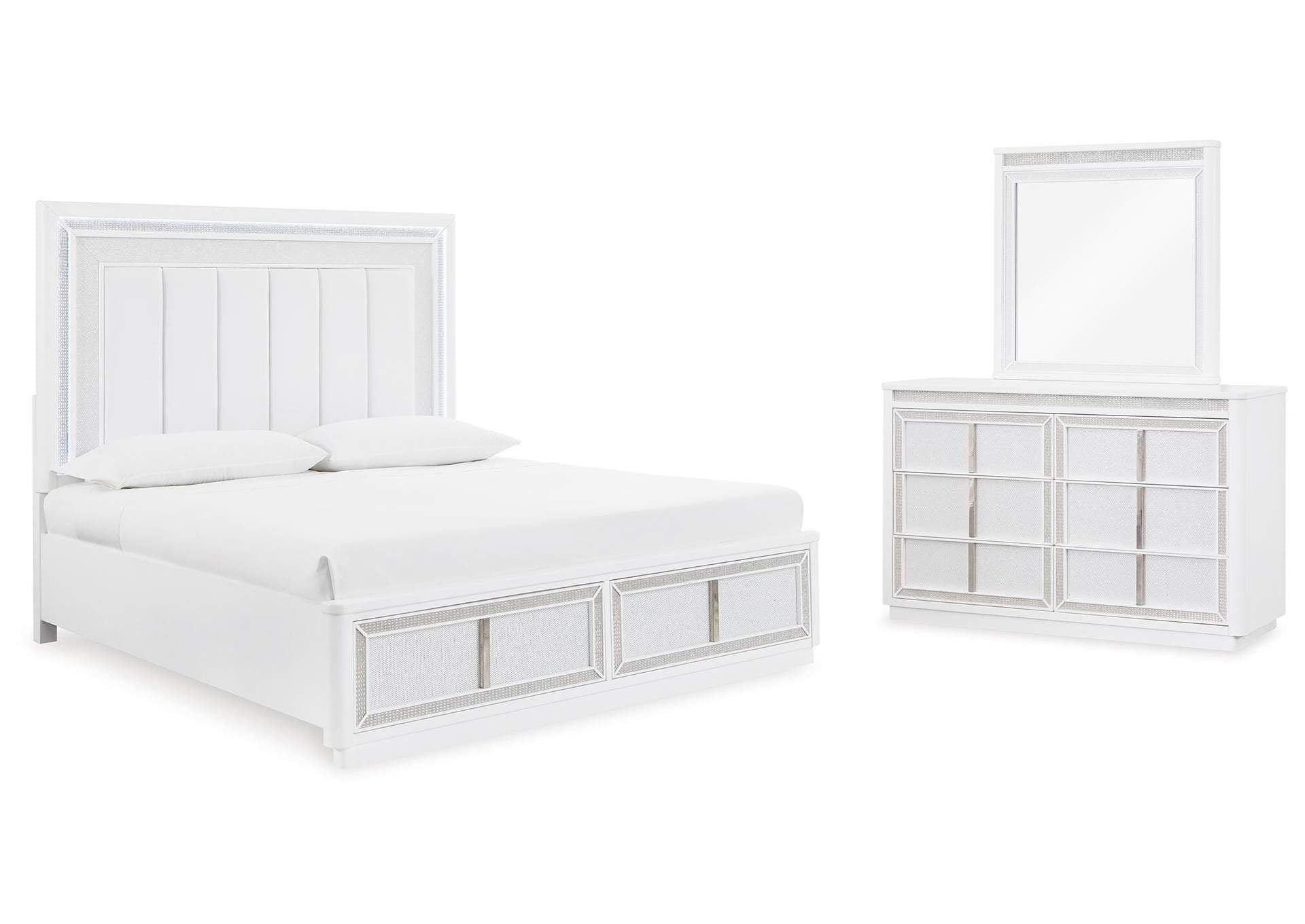 Chalanna Queen Upholstered Storage Bed with Mirrored Dresser