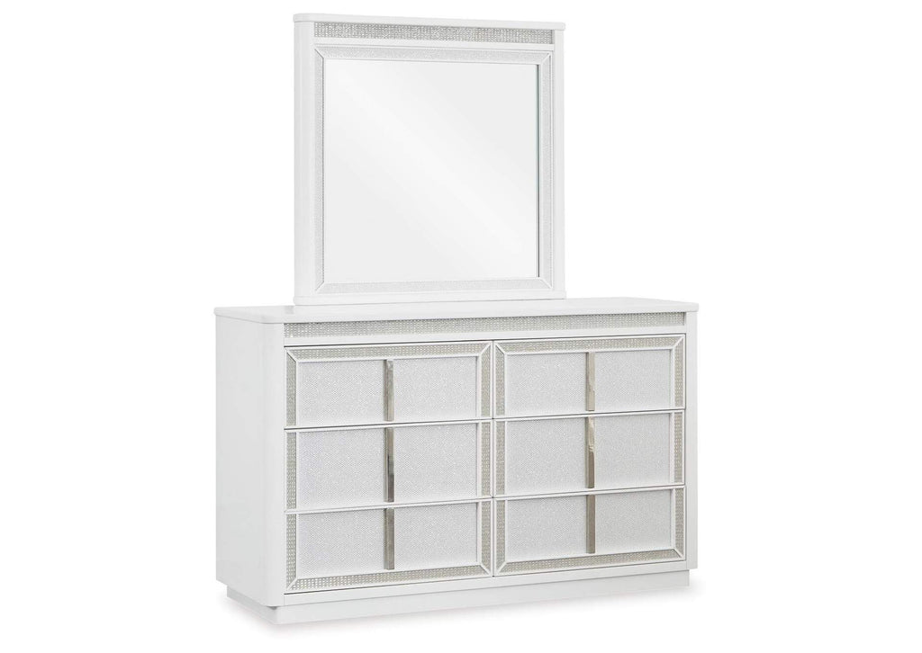 Chalanna California King Upholstered Storage Bed, Dresser, Mirror and Nightstand angled view