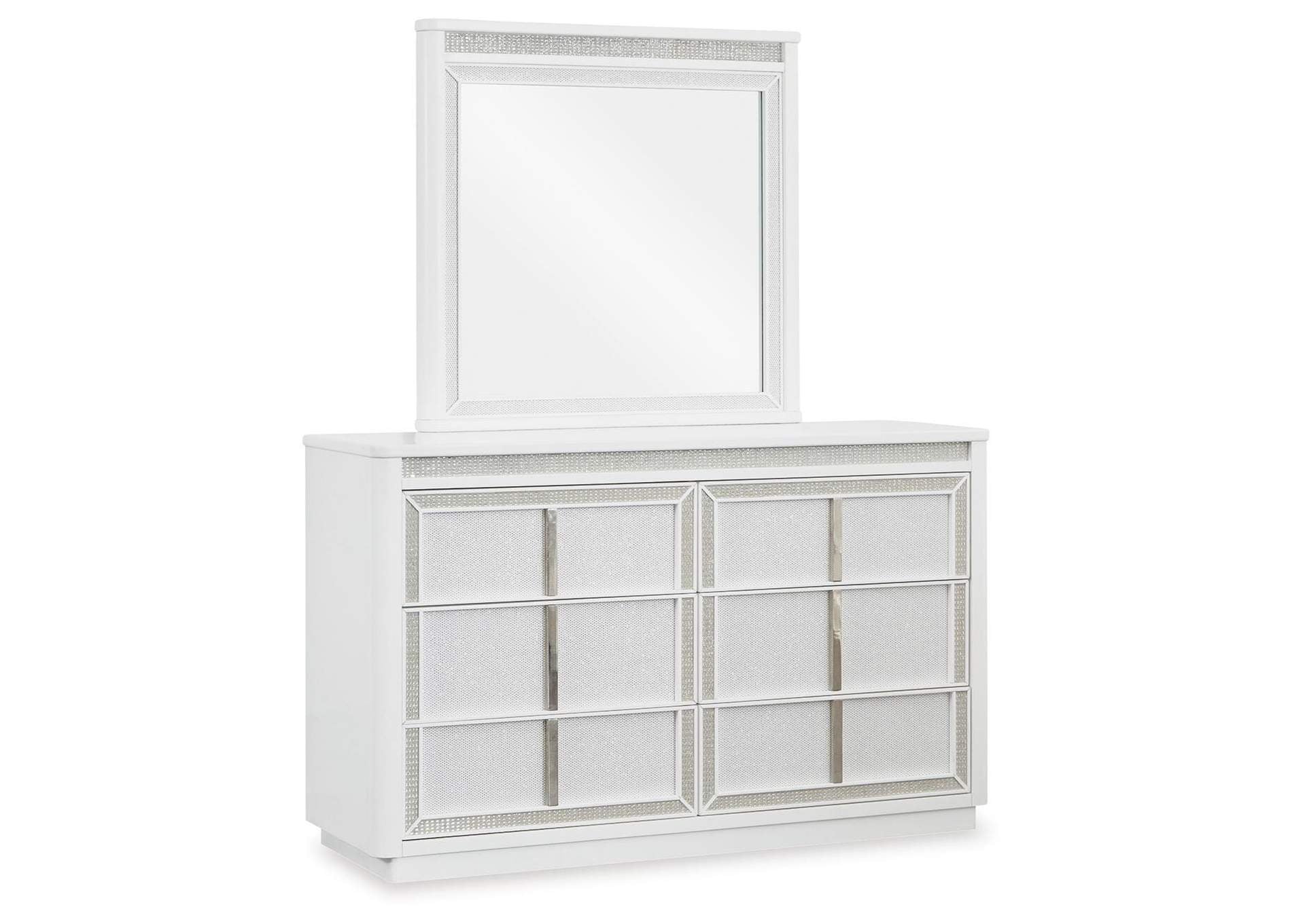 Chalanna California King Upholstered Storage Bed, Dresser, Mirror, Chest and 2 Nightstands angled view